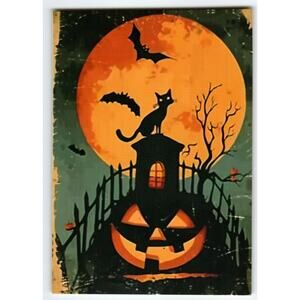 Vintage Halloween Postcard Black Cat & Pumpkin Full Moon 5.5x4 Inch